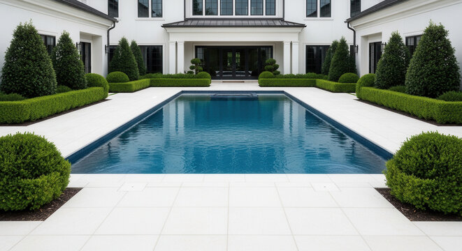 Luxurious Modern Mansion With A Pristine Swimming Pool And Manicured Gardens