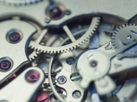 Macro close-up of watch movement mechanism, alternate angle