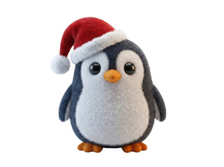 Fototapeta premium Cute fluffy baby penguin wearing a red christmas santa hat isolated on transparent background