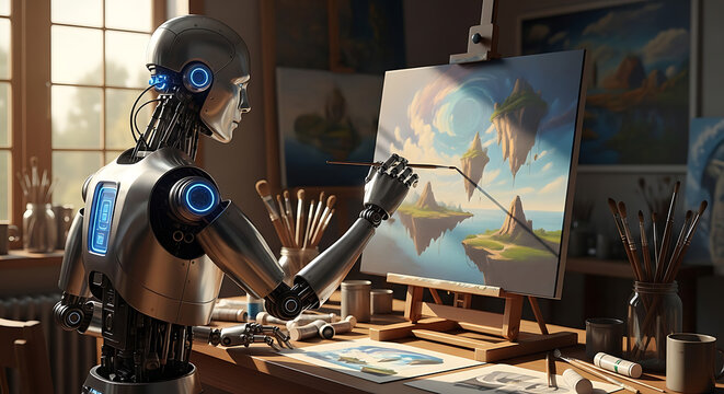 A robot artist painting a landscape with floating islands on canvas in an art studio