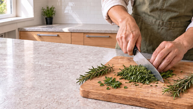 Close-up of hands chopping fresh culinary herbs with a chef's knife on a wooden cutting board, with rosemary sprigs nearby. A person wearing a green apron prepares ingredients in a sunlit home kitchen