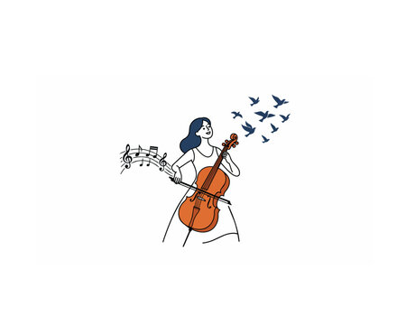 A simple line art vector illustration of a happy woman musician in a white dress, passionately playing a cello while musical notes and a flock of birds fly away from the instrument.
