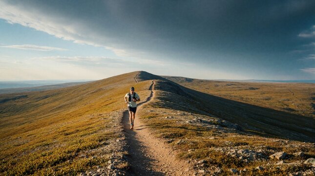 Man runs on mountain path. Athlete runs solo on remote ridge under dramatic sky, exploring wild terrain. He wears fitness gear, checks GPS watch, pursuing endurance goal.