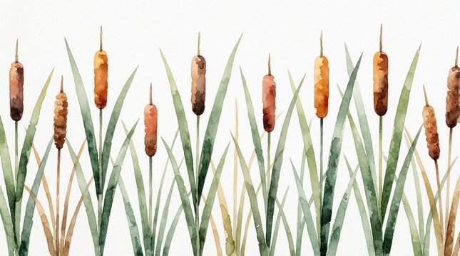 Watercolor painting of brown cattail plants with long green leaves. Minimalist botanical illustration of marsh vegetation on white background. Organic nature art for eco design, wetland flora
