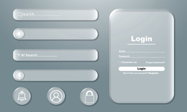 Modern glassmorphism user interface elements with login form and navigation buttons for web and mobile design