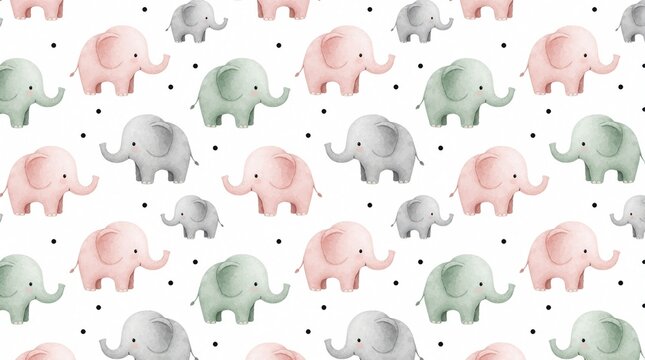 Cute baby elephants in pink, grey, sage green repeat across white background with black polka dots. Adorable animals create playful, seamless pattern for nursery decor, textiles, children projects.