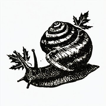 Vintage snail illustration with detailed shell and leaves.