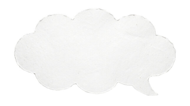 A white fluffy cloud shaped speech bubble for comic book dialogue or text messaging design elements presented as an isolated on transparent background