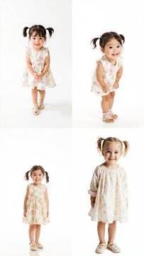 A col of photos little girl in different poses background expression gesture emotion composition style illustration cartoonish movement colorful motion backgrounds figure frame depth