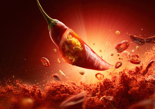 Dynamic explosion of red chili pepper with flying seeds and powder in motion on dark background