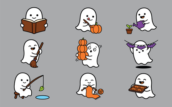 Cartoon ghost illustrations doing fun seasonal activities Vector