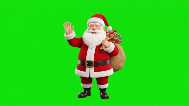 Animated santa claus waving his hand while carrying a large sack of gifts on green screen