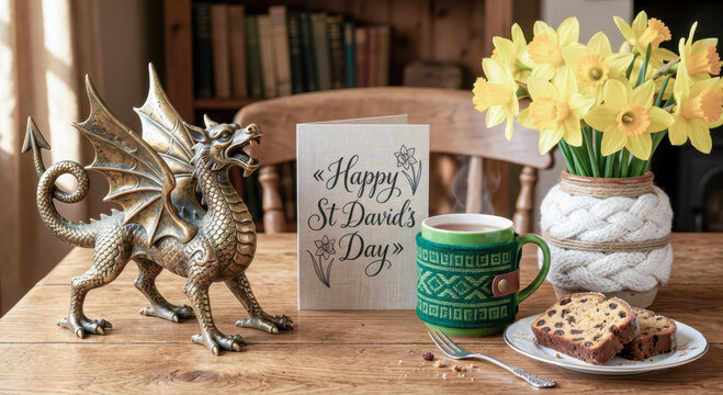 Welsh dragon, daffodils, bara brith and card celebrating st david's day