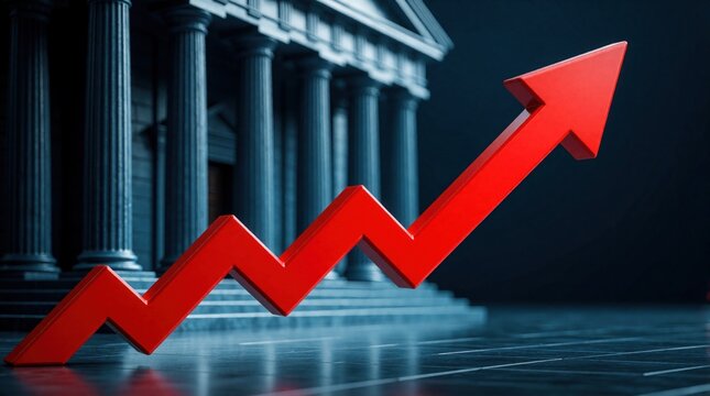 Red arrow chart points up against building with columns, symbolizing economic growth or rising interest rates. Financial market indicator shows positive trend and recovery.