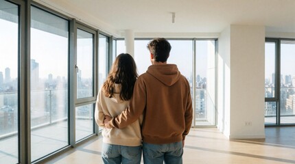 Obraz premium Couple looks at city view from new apartment balcony. Young pair tours vacant modern house, considering home purchase or rental. Future dwell future plans.
