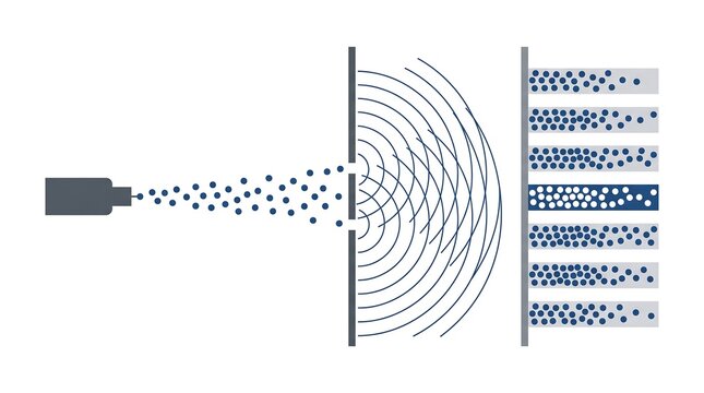 Double slit experiment particle wave duality visualization showing interference pattern in professional vector graphic