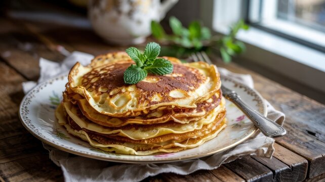 Danish cuisine, the dish Pandekager (Danish Pancakes) &mdash; a stack of thin pancakes on a plate, decorated with a sprig of fresh mint, against a wooden table.
