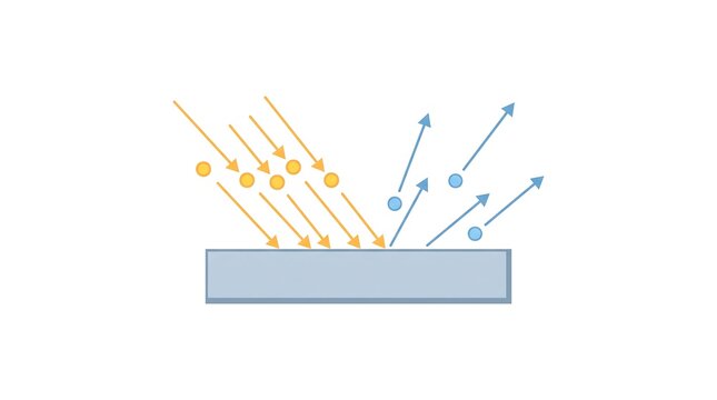 Photoelectric effect diagram showing incident photons ejecting electrons from metallic surface in flat vector style