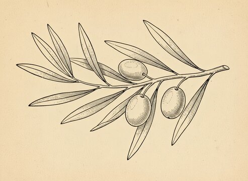 Three olives nestled among narrow leaves in a classical orchard illustration