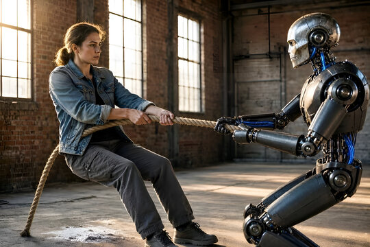 Woman in denim jacket pulling thick rope against metallic robot in industrial warehouse. Human labor versus automated AI workforce competition concept with tug of war