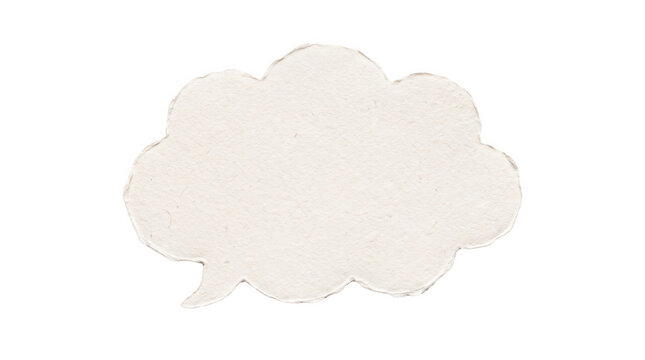 A soft white fluffy cloud shaped speech bubble graphic element for design projects showing the isolated object on a transparent background isolated on transparent background