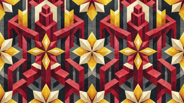 Geometric 3d isometric pattern with red and gold star motifs