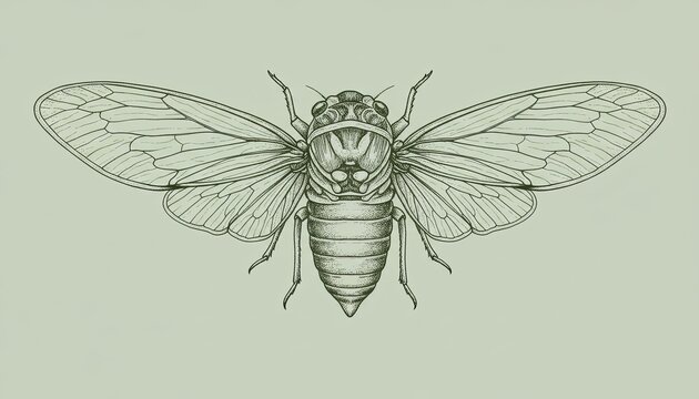A cicada becomes a graceful emblem with four broadly spread wings