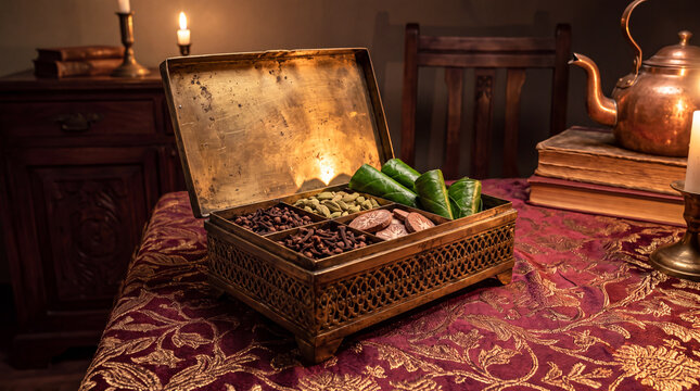Antique brass paan daan box filled with betel leaves and spices on a traditional patterned tablecloth