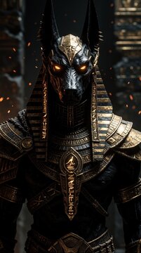 Anubis statue with glowing eyes and gold armor stands menacingly. Egyptian deity wears ancient Egyptian headdress and ornate chest plate with hieroglyphs, fierce warrior spirit.