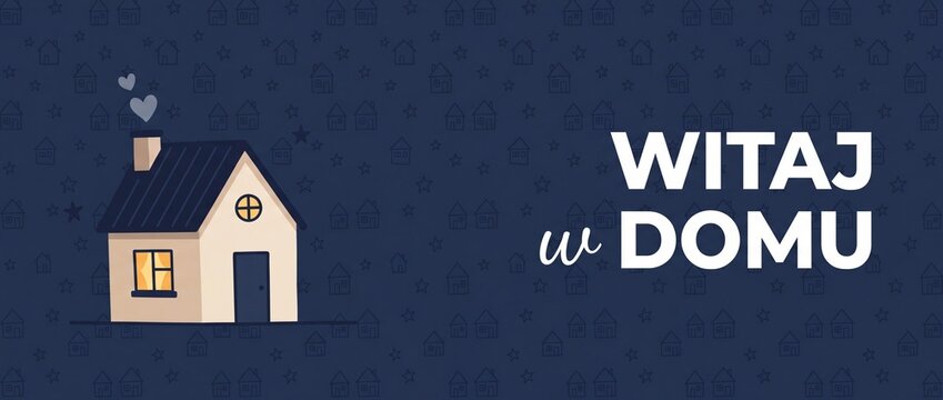 Cozy house illustration welcome home banner with Polish text Witaj w domu glowing windows heart smoke dark blue background for real estate greeting family homecoming stay warm graphic vector design