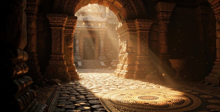 Stone archway frames ancient temple passage. Sunbeams illuminate mosaic floor scattered with coins. Ornate carvings adorn pillars within dusty chamber.