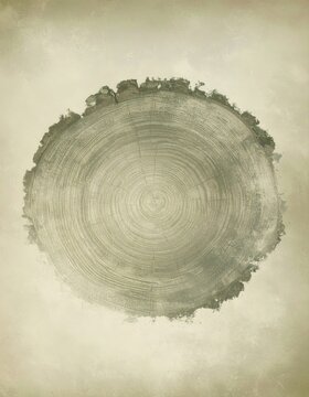 Weathered tree stump seen from above, its annual rings fading into gray green tones