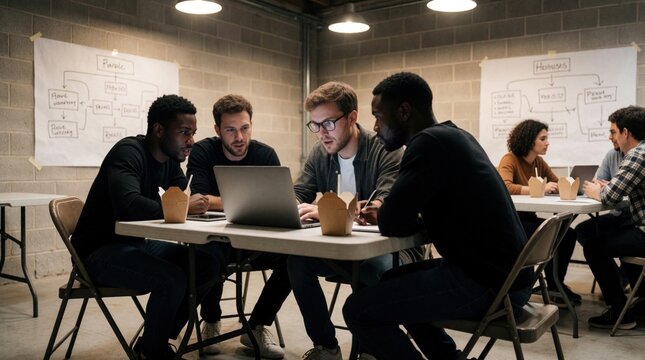 Diverse team meets in industrial space. Employees collaborate around laptop and takeout food. Whiteboard charts map company strategy. Planning new ideas together at informal office.