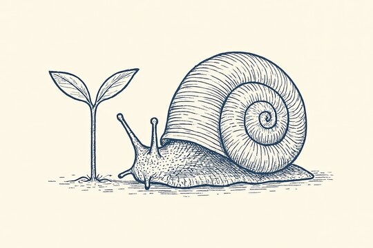 Spiral snail shell and paired seedling leaves create a balanced botanical vignette