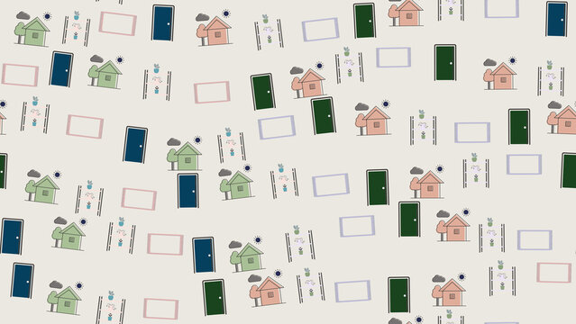 Seamless pattern of houses, doors, and home decor