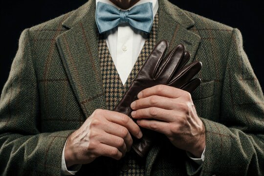 Close up of elegant man in green tweed suit, blue bow tie. Gentleman holds brown leather gloves in hands. Classic British sartorial style with retro fashion aesthetic. Luxury menswear concept for