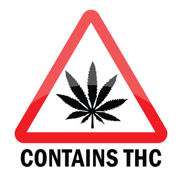 Cannabis warning sign featuring a black marijuana leaf inside a bold red triangle with contains thc text as vector illustration