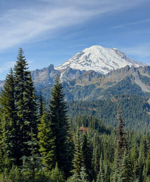 Mount Rainier as seen from Naches Peak Loop trail in September on a beautiful fall day.