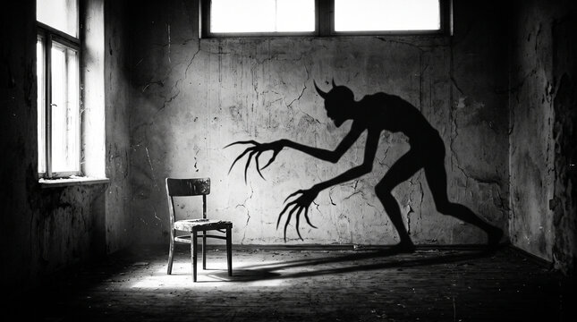 Sinister humanoid monster shadow crawling across the wall of a derelict room toward a solitary chair, long thin arms ending in exaggerated claw-like fingers, supernatural horror, demonic presence, nig