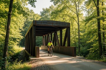 Fototapeta premium Man cycles on gravel path crossing metal bridge. Lush green forest surrounds outdoor recreation trail. Sunlight filters through trees, creating dappled shadows on path.