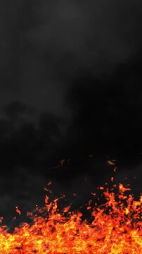 Animated background of rising fire. Realistic fire and ashes and dark smog
