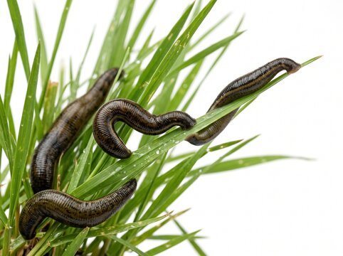 Several medicinal leeches crawling on fresh green grass isolated on white background