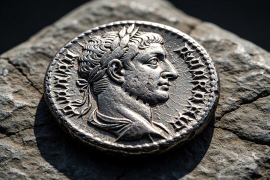 Close up of old silver coin with emperor profile. Ancient artifact rests on textured stone surface. Detailed historical relic shows Roman emperor portrait with laurel wreath. Numismatic object.