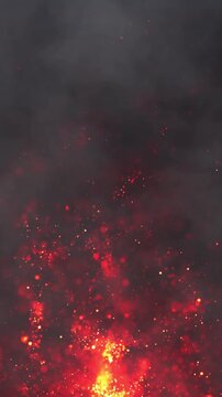 Animated background of rising fire particles. Realistic fire and ashes and grey smog