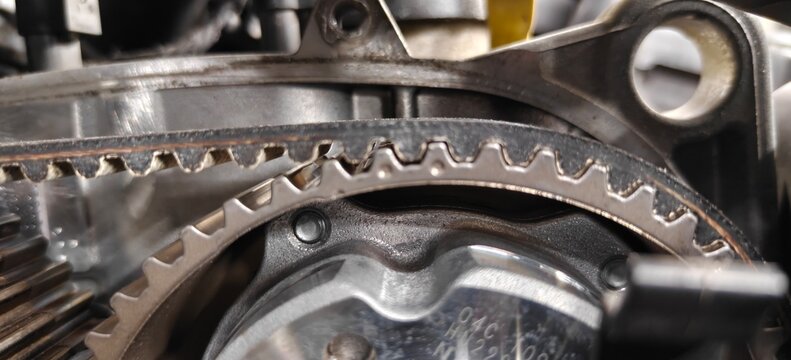 Timing belt and gear close-up during engine maintenance