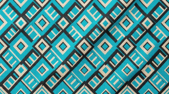 Geometric fabric pattern with teal black and beige squares