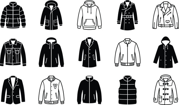 Set of fifteen various clothing icons including jackets coats hoodies and parkas presented as flat minimalist black and white vector illustrations
