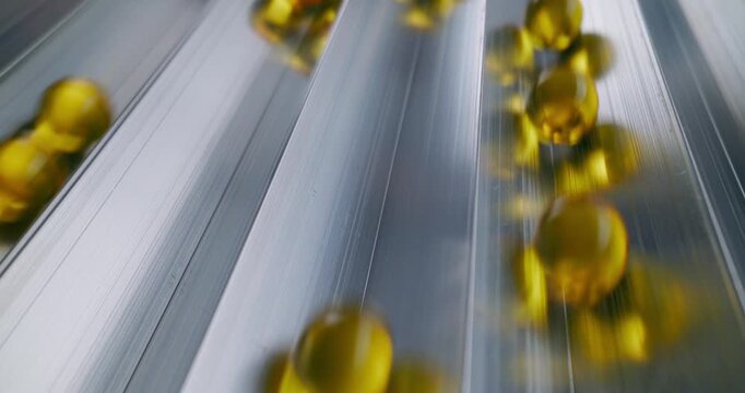 Slow motion yellow softgel capsules sliding down stainless steel conveyor belt in pharmaceutical production.
