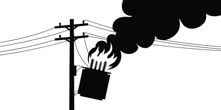 Black and white silhouette of an electrical utility pole with a burning transformer emitting thick smoke against a plain white background