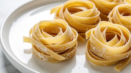Plakat Freshly coiled nests of Italian tagliatelle presented on a glossy white plate. Close-up view of uncooked pasta nests, ready for cooking a delicious meal.